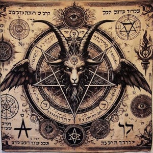 Puede incluir: Un tapiz beige con una ilustración detallada de Baphomet, una deidad con cabeza de cabra, dentro de un pentagrama. El diseño incluye alas, cuernos y varios símbolos ocultos, con texto en hebreo. La obra de arte tiene una apariencia vintage y envejecida.