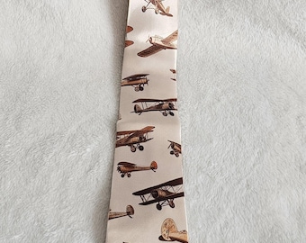 Vintage Style Men's Biplane Necktie – Beige & Brown Sepia Aviation Tie – Early 20th Century Aircraft Design – Retro Pilot Gift