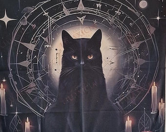 May include: A black tapestry featuring a black cat with glowing orange eyes, centered against a backdrop of a celestial clock design. The scene includes candles, pumpkins, and stars, creating a mystical, Halloween-themed aesthetic.