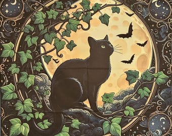 May include: A black cat sits on a branch in front of a large, yellow moon. The moon is surrounded by green ivy and bats fly in the night sky. The image has a vintage, gothic aesthetic.