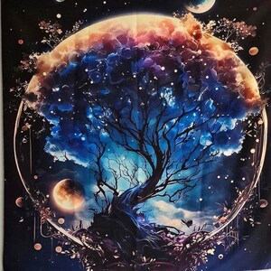 May include: A tapestry depicting a stylized tree with a vibrant blue and purple canopy, set against a celestial sphere with moons and stars. The artwork has a dreamlike quality.