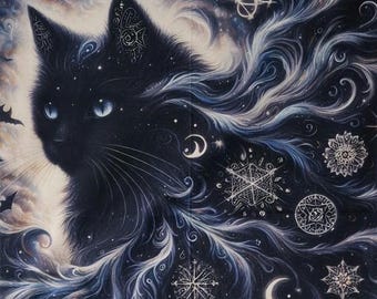 May include: A black cat with blue eyes and a starry night design. The cat's fur blends into a swirling galaxy of stars, moons, and celestial symbols. Bats fly in the background, creating a mystical and enchanting scene.