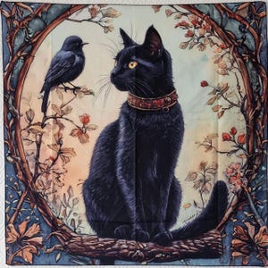black cat and bird altar cloth, tarot table cloth, shrine altar cloth, mystical gifts, wall art, wall decor, wall tapestry