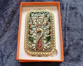 Ornate Peacock compact Mirror Vintage Style Green and Gold Tone Vanity Accessory