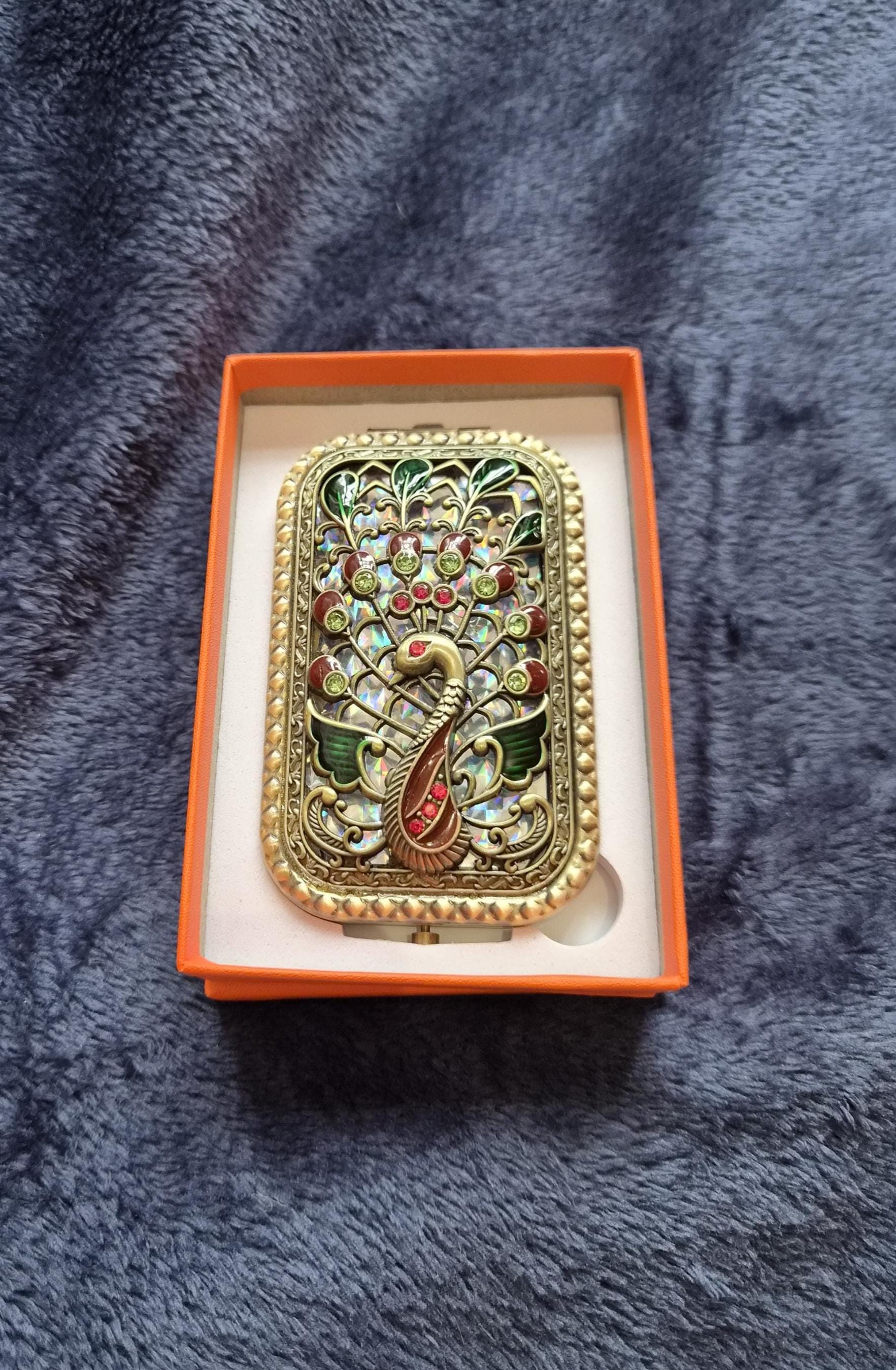 Ornate Peacock compact Mirror Vintage Style Green and Gold Tone Vanity Accessory