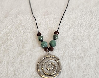 Boho Spiral Necklace – Natural Stone Bead Pendant on Black Cord – Circular Bohemian Statement Necklace – Tribal Jewellery – 50cm