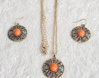 Bohemian Sunburst Necklace and Earring Set – Colourful Mosaic Enamel Jewellery Set – Orange Cabochon Pendant – Geometric Boho Gift