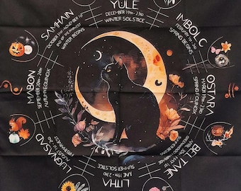 May include: A black cat sits on a crescent moon against a black background. The moon is surrounded by a circle of eight symbols representing the eight sabbats of the Wheel of the Year. Each symbol is labeled with the name of the sabbat, the date, and a brief description. The sabbats are: Samhain, Mabon, Litha, Lughnasad, Beltane, Ostara, Imbolc, and Yule.