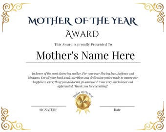 Premio stampabile per la mamma dell'anno. Perfetto per la festa della mamma, il compleanno o qualsiasi altra occasione.