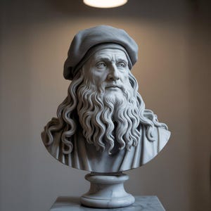 Pode incluir: Busto de mármore branco de um homem com barba longa e encaracolada e boina. A escultura é uma obra de arte clássica, colocada sobre um pedestal.