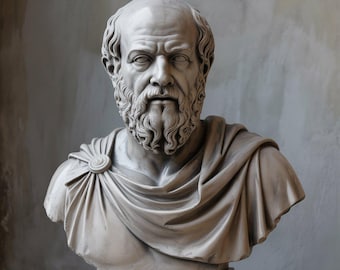 Könnte beinhalten: Marmor-Büste eines Mannes mit vollem Bart und ernstem Gesichtsausdruck. Die Skulptur weist detaillierte Gesichtszüge auf und ist in ein togaartiges Gewand gehüllt. Die Büste steht auf einem Marmorsockel und repräsentiert klassische Kunst.