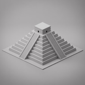 Könnte beinhalten: Graues, geometrisches Modell der Maya-Pyramide El Castillo, auch bekannt als Tempel von Kukulcan. Die Pyramide hat mehrere abgestufte Ebenen mit Treppen auf zwei Seiten, die zu einem kleinen Tempel an der Spitze führen. Das Modell steht auf einer quadratischen Basis.