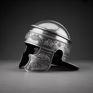 Peut inclure: Un casque romain argenté avec des motifs en relief complexes. Le casque présente un sommet arrondi, une protection frontale proéminente et des protège-joues. La surface est très réfléchissante, et le design comprend des motifs stylisés d'oiseaux et de spirales. Le casque est sur fond gris.