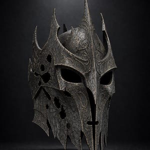 May include: A detailed, dark metal helmet with a textured surface and intricate designs. The helmet features sharp, pointed elements and eye openings, suggesting a fantasy or historical theme. The color is a mix of dark gray and bronze.