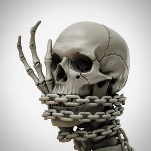May include: A gray skull with a skeletal hand covering the mouth and a chain wrapped around the neck. The skull has visible sutures and eye sockets. The image has a neutral background.