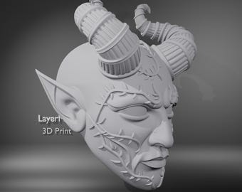 Maschera demoniaca stampabile in 3D con corna intrecciate - File STL (Download digitale)