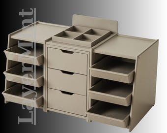Organizador de escritorio modular grande con cajones y bandejas laterales / Sistema de almacenamiento imprimible en 3D / Archivos STL y OBJ para el hogar o la oficina