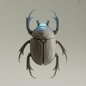 May include: A gray, stylized beetle with articulated limbs and large, curved pincers. The beetle's body features a detailed, circuit-board-like design. The insect is set against a neutral background, highlighting its mechanical aesthetic.