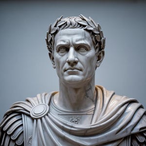 Könnte beinhalten: Marmor-Büste eines Mannes mit Lorbeerkranz und klassischer römischer Kleidung. Die Skulptur weist detaillierte Gesichtszüge und eine drapierte Toga auf. Die Büste ist hell, mit subtilen Adern, und vor einem schlichten Hintergrund.