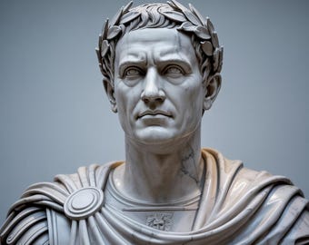 May include: A marble bust of a man wearing a laurel wreath and classical Roman attire. The sculpture features detailed facial features and a draped toga. The bust is a light color, with subtle veining, and is set against a plain background.