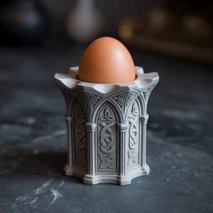May include: A light gray egg cup with Celtic knot and floral designs, holding a brown egg. The egg cup has a detailed, ornate pattern and a flared top. The design is reminiscent of Gothic architecture.