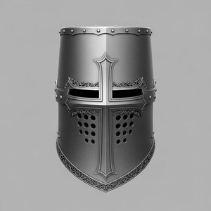 May include: A silver-coloured medieval knight's helmet. The helmet features a cross design on the front, decorative scrollwork, and small rivets around the top. The faceplate has multiple small holes for ventilation.