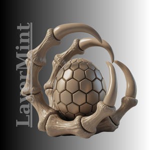 May include: A beige, stylized sculpture of a clawed hand cradling a geometric egg. The egg has a segmented, hexagonal pattern. The sculpture is set against a gradient background, with the text "LayerMint" vertically on the left.