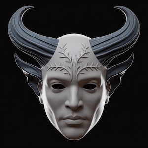 May include: A white mask with a human face, large curved horns, and pointed ears. The mask has a decorative floral design on the forehead and is set against a black background. The horns are a dark gray color.