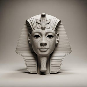 Pode incluir: Busto cinza claro de um faraó, com rosto estilizado e linhas geométricas. O cocar inclui um emblema de cobra. O busto tem um acabamento liso e fosco, sobre um fundo neutro. Representação da arte do antigo Egito.