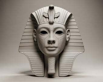 May include: A detailed, light gray bust of a pharaoh, featuring a stylized face with geometric lines and a traditional headdress. The headdress includes a cobra emblem. The bust has a smooth, matte finish and is set against a neutral background.
