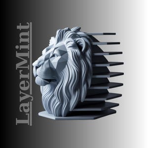 3D Printable Lion Head Shelf Bust: Geometric Animal Sculpture (STL File