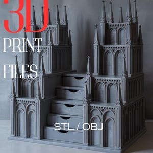 Gothic Cathedral Desk Organizer, 3D Printable, STL & OBJ Files, Multi Drawer Box, Digital Download, Fantasy Office Decor