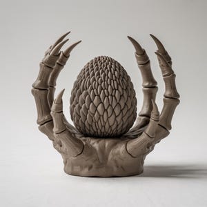 May include: A detailed sculpture of a brown egg-shaped object cradled by a skeletal hand. The egg has a textured surface, and the hand features sharp claws. The overall design has a fantasy or horror theme.