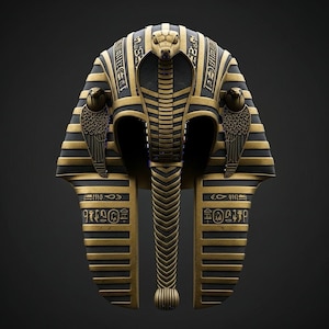 May include: A gold and black pharaoh mask with a cobra and falcon design. The mask features intricate details, including hieroglyphs and striped patterns. The mask is a symbol of ancient Egyptian royalty and is set against a dark background.