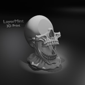 May include: A monochrome 3D-printed skull with an open mouth, displaying intricate teeth and bone detail. The skull is positioned against a dark backdrop, with the text "LayerMint 3D Print" in the upper left corner.