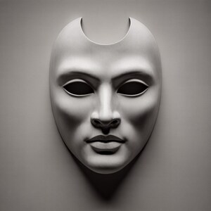 May include: A monochrome mask with a serene expression, featuring a crescent-shaped top and hollow eye sockets. The mask is set against a neutral background, creating a dramatic effect. The mask's design suggests theatrical or decorative use.