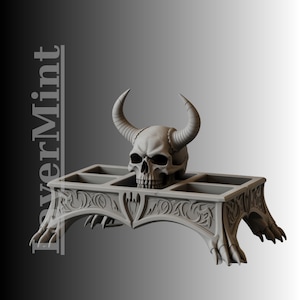 May include: A gray, gothic-style decorative organizer featuring a horned skull on top. The organizer has multiple compartments and ornate detailing, including claw-like feet and scrollwork. The text "verMint" is visible on the left side.