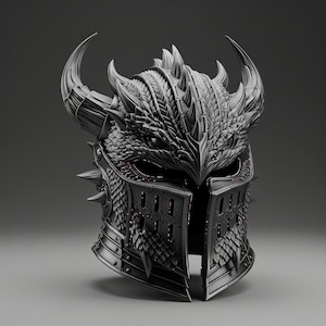 May include: A detailed, dark grey fantasy helmet with a dragon-like design. The helmet features large horns, spiked accents, and intricate scale-like textures. The visor is down, and the overall aesthetic is medieval and imposing.