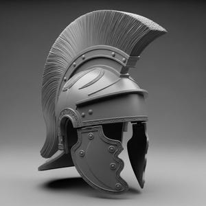 Könnte beinhalten: Grauer römischer Helm mit einer großen, strukturierten Feder. Der Helm weist detaillierte Gravuren und einen Gesichtsschutz auf. Das Design erinnert an antike Militär-Kopfbedeckungen, geeignet für historische Nachstellungen oder Kostümveranstaltungen.