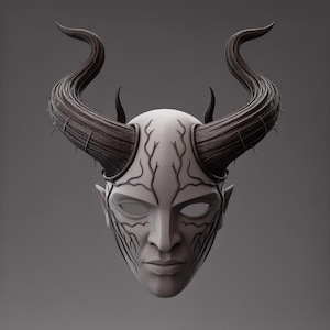 May include: A white mask with a demonic face, featuring large, curved brown horns. The mask has pointed ears and intricate black vein-like patterns across the forehead and face. The eyes are hollow, and the overall design is detailed.
