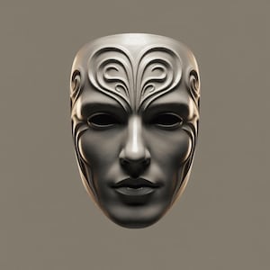 Puede incluir: Una máscara decorativa gris con un rostro estilizado. La máscara presenta un diseño en forma de corazón prominente en la frente y patrones simétricos fluidos. Los ojos son oscuros y los labios están cerrados.