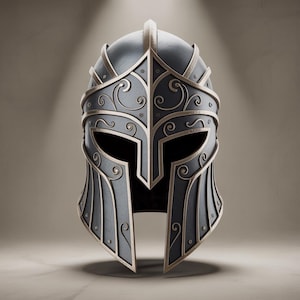 May include: A dark gray and bronze helmet with intricate scrollwork and a pointed crest. The helmet features a face guard with eye openings and is likely a decorative or historical piece.
