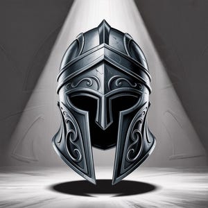 May include: A detailed illustration of a dark gray, ornate helmet, likely for battle or display. The helmet features a prominent brow, cheek guards, and decorative scrollwork. The design is highlighted by a spotlight, creating shadows.