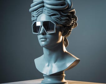 May include: A light gray bust of a classical figure wearing large, white-framed sunglasses. The figure's hair is styled with snake-like coils. The bust is on a gray pedestal, set against a dark gray background.