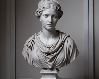 May include: A white marble bust of a woman with curly hair and a draped garment. The sculpture is mounted on a square pedestal and sits on a marble surface. The bust is a classical art piece.