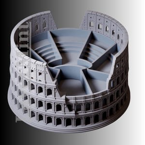 May include: A gray, 3D-printed model of the Colosseum, featuring detailed architectural elements like arches, windows, and tiered seating. The model is a decorative item, showcasing the iconic Roman amphitheater.