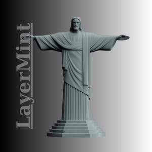 May include: A gray statue of Christ the Redeemer with outstretched arms, standing on a tiered base. The statue is draped in flowing robes. The text "LayerMint" is vertically aligned on the left side of the image.