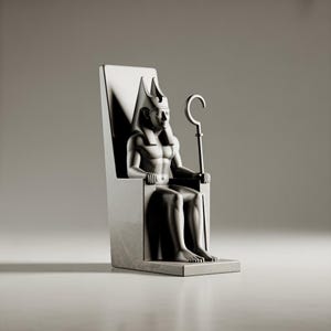 May include: A gray statue of a seated pharaoh, holding a staff, and wearing a crown. The figure is seated on a throne with a high back. The statue is a detailed representation of ancient Egyptian art.