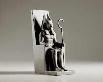 May include: A gray statue of a seated pharaoh, holding a staff, and wearing a crown. The figure is seated on a throne with a high back. The statue is a detailed representation of ancient Egyptian art.