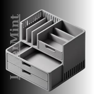 May include: A gray desk organizer with multiple compartments, drawers, and slots. The organizer has two small drawers, several open compartments, and vertical slots for storing items. The design is modern and minimalist, with a smooth, matte finish.